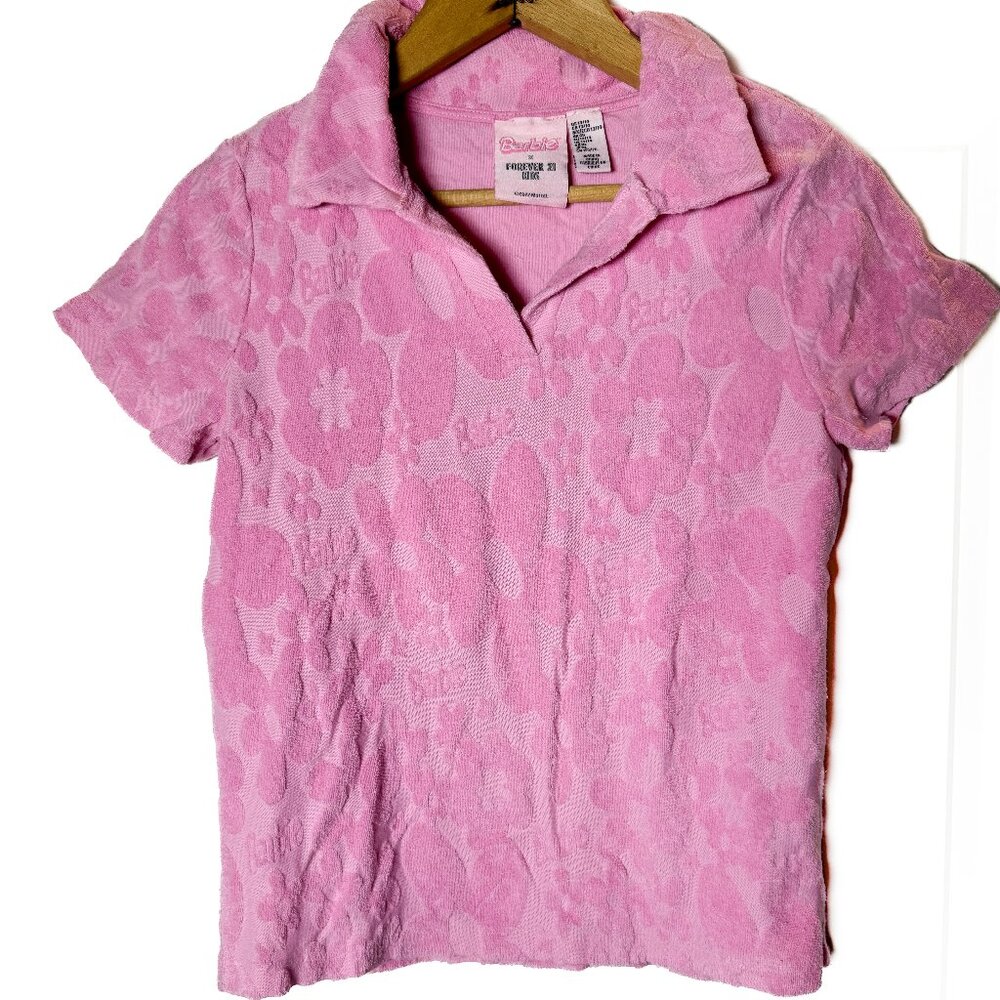 Barbie X Forever 21 Terry Crop Top Polo Shirt Pink Flower  Size 13/14